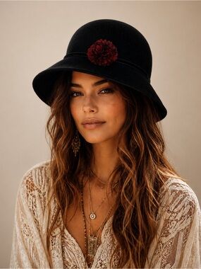 Vintage Inspired Wool Black Felt Cloche Hat Red Flower Quiet Luxury Edgy Chic